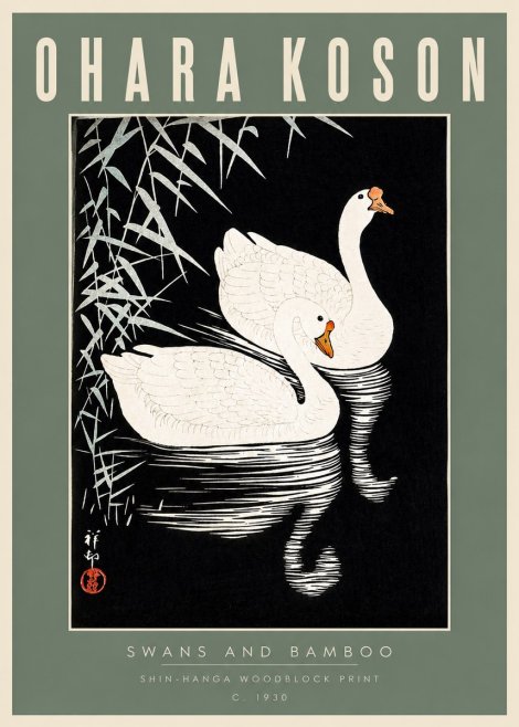 Ohara Koson Swans and Bamboo No2 - Plakat
