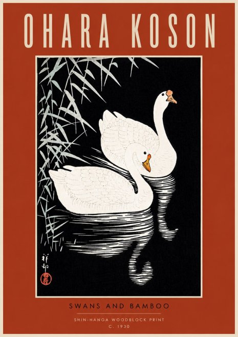 Ohara Koson Swans and Bamboo No4 - Plakat