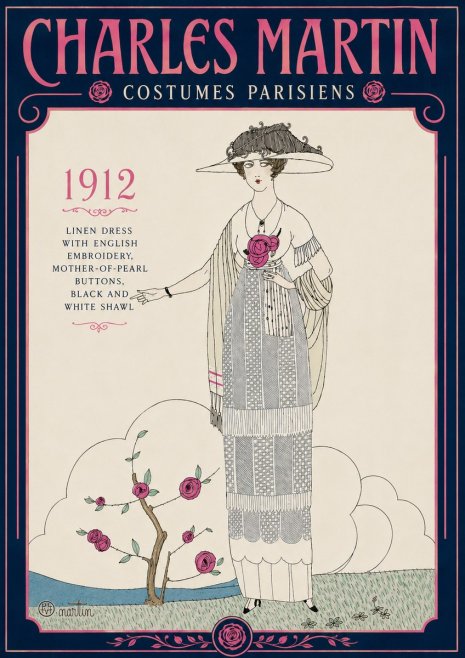 Charles Martin Linen Dress with English Embroidery, Mother-of-pearl Buttons, Black and White Shawl No5 - Plakat