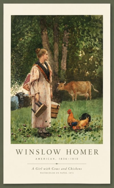 Winslow Homer A Girl with Cows and Chickens No1 - Plakat