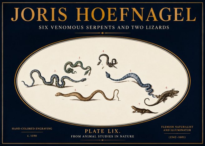 Joris Hoefnagel Six Venomous Serpents and Two Lizards No5 - Plakat