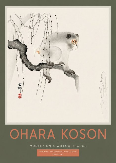 Ohara Koson Monkey on a Willow Branch No2 - Plakat
