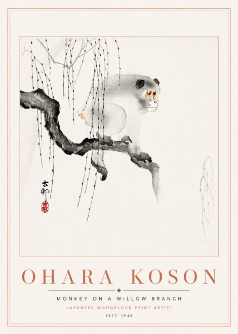 Ohara Koson Monkey on a Willow Branch No6 - Plakat
