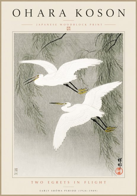 Ohara Koson Two Egrets in Flight No5 - Plakat