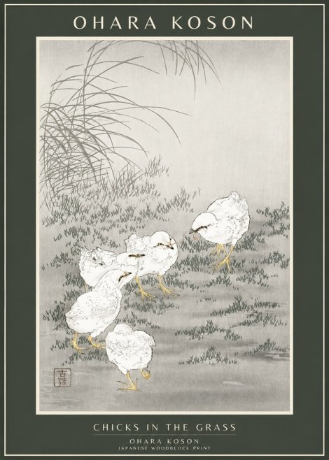 Ohara Koson Chicks in the Grass No1 - Plakat