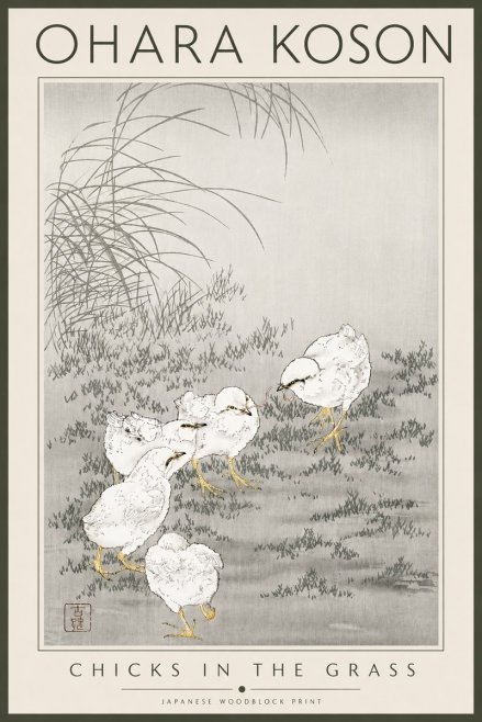 Ohara Koson Chicks in the Grass No4 - Plakat