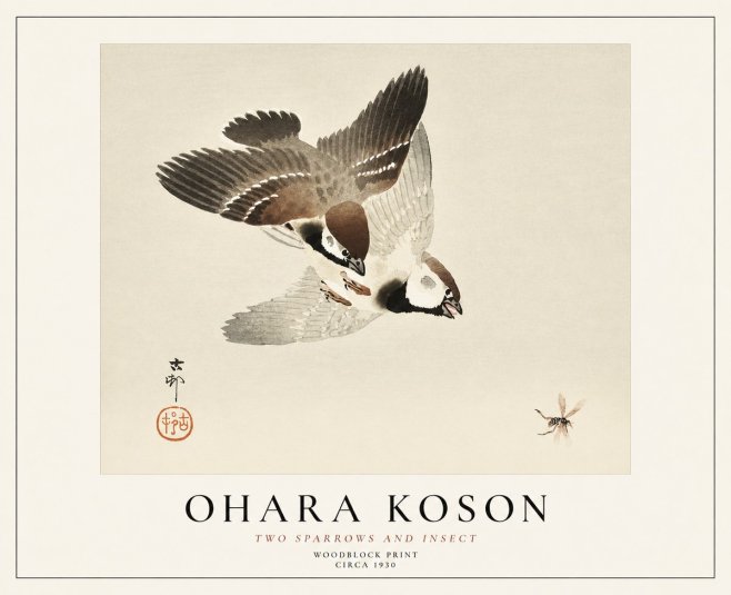 Ohara Koson Two Sparrows and Insect No1 - Plakat