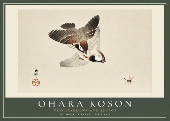 Ohara Koson Two Sparrows and Insect No4 - Plakat