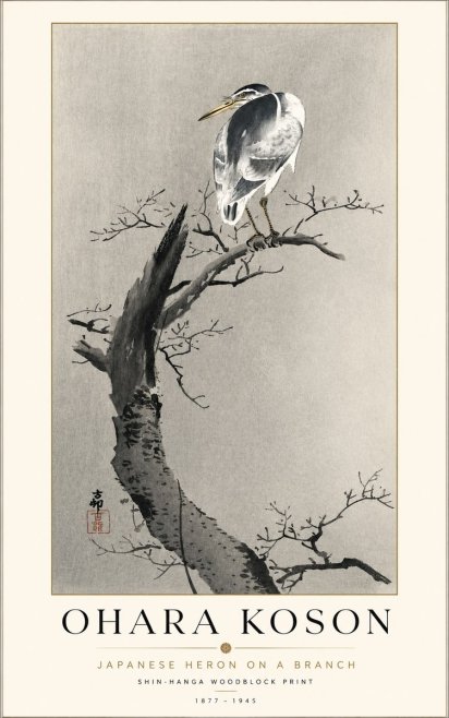 Ohara Koson Heron on a Branch No2 - Plakat