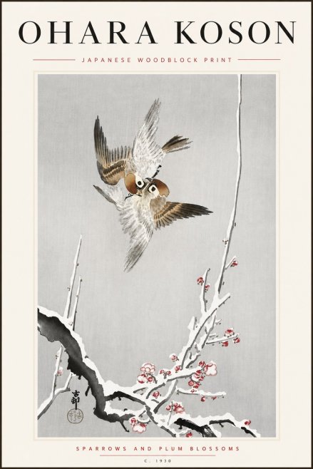 Ohara Koson Sparrows and Plum Blossoms No5 - Plakat
