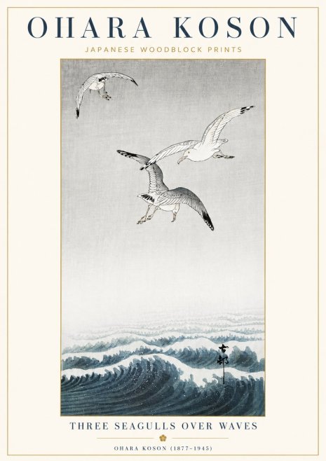 Ohara Koson Three Seagulls over Waves No4 - Plakat