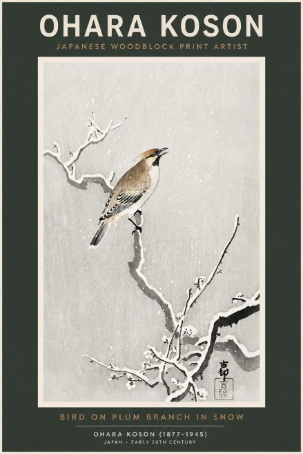 Ohara Koson Bird on Plum Branch in Snow No2 - Plakat
