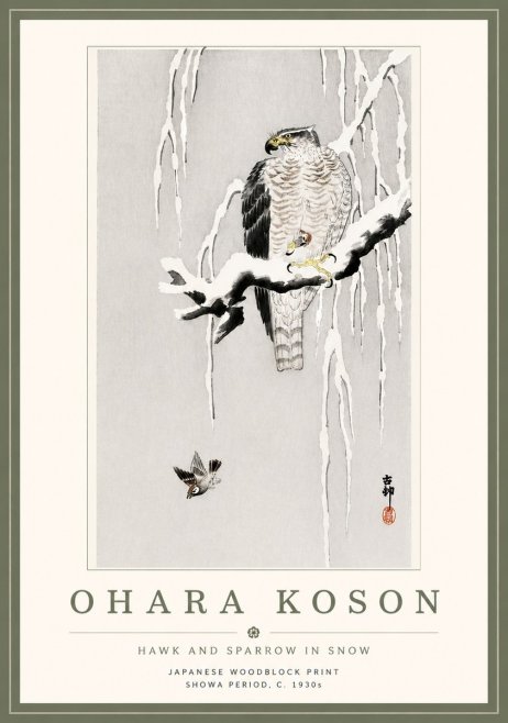Ohara Koson Hawk and Sparrow in Snow No5 - Plakat