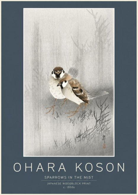 Ohara Koson Sparrows in the Mist No2 - Plakat