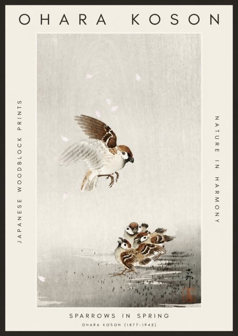 Ohara Koson Sparrows in Spring No3 - Plakat