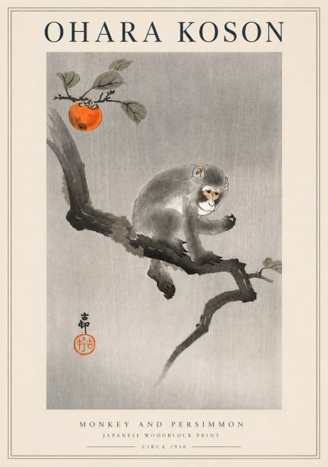 Ohara Koson Monkey and Persimmon No3 - Plakat
