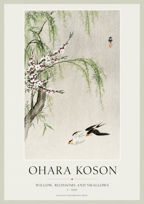 Ohara Koson Willow, Blossoms and Swallows No1 - Plakat