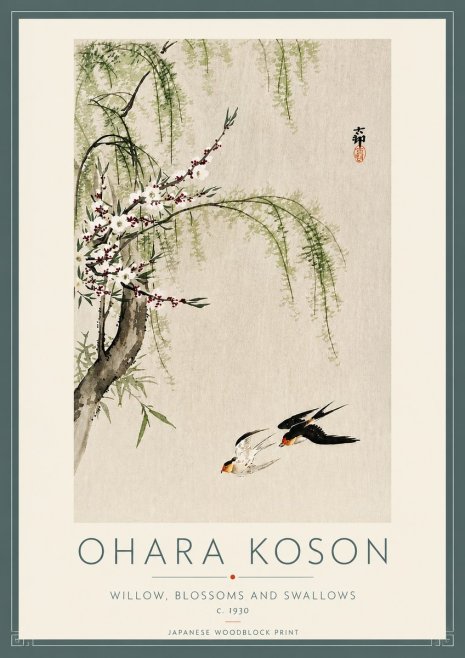 Ohara Koson Willow, Blossoms and Swallows No4 - Plakat