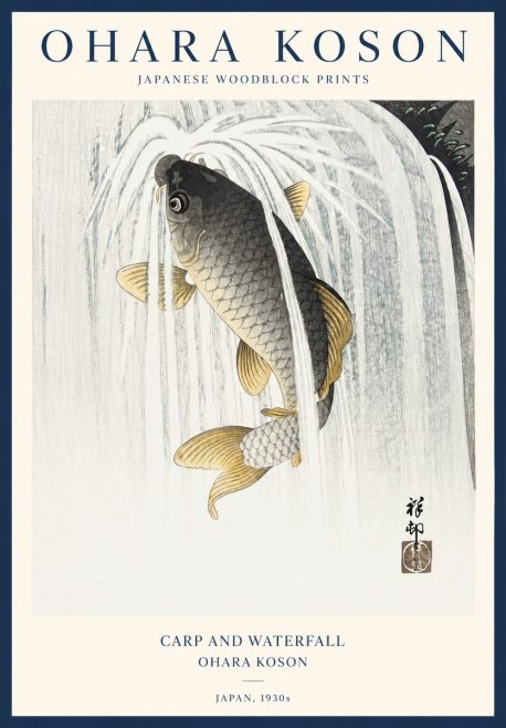 Ohara Koson Carp and Waterfall No1 - Plakat