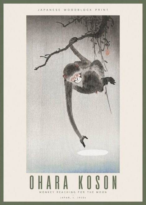 Ohara Koson Monkey Reaching for the Moon No3 - Plakat