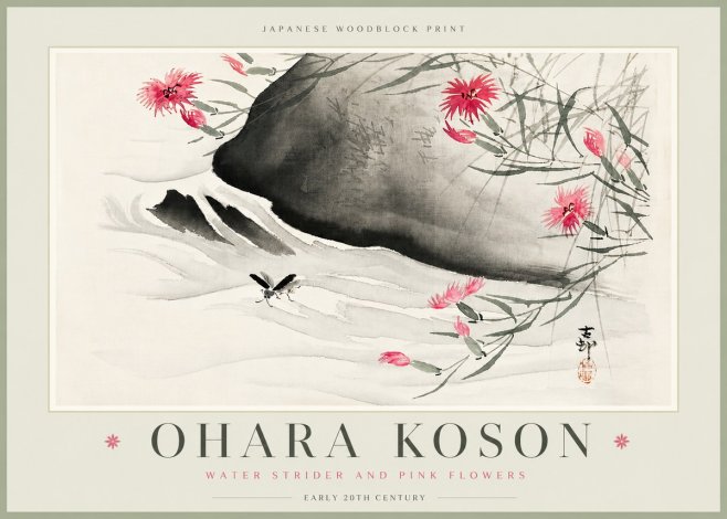 Ohara Koson Water Strider and Pink Flowers No6 - Plakat