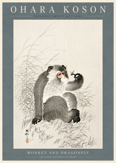Ohara Koson Monkey and Dragonfly No2 - Plakat