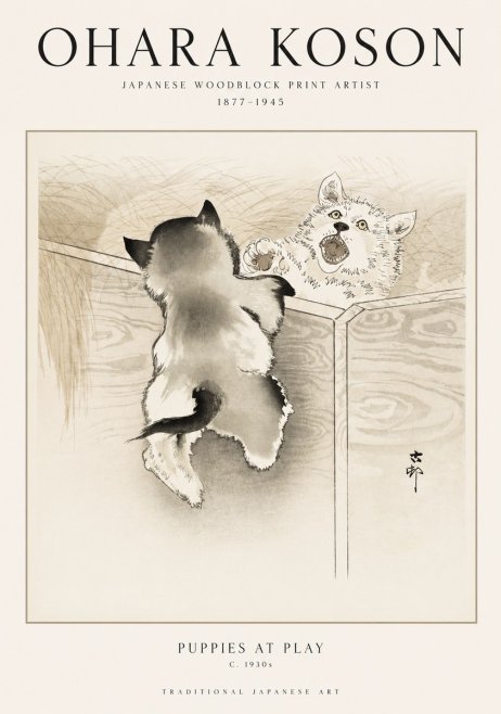 Ohara Koson Puppies at Play No1 - Plakat