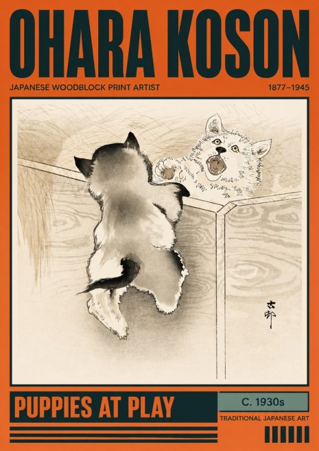 Ohara Koson Puppies at Play No2 - Plakat