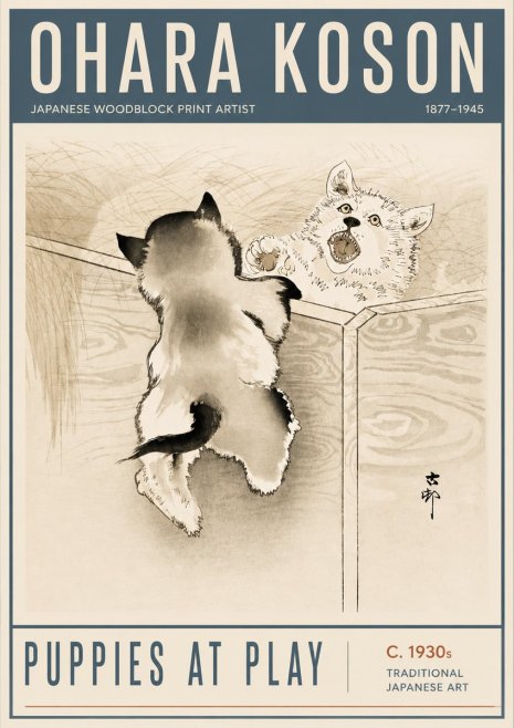 Ohara Koson Puppies at Play No6 - Plakat