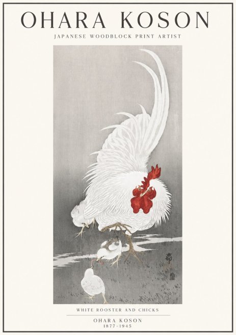 Ohara Koson White Rooster and Chicks No1 - Plakat
