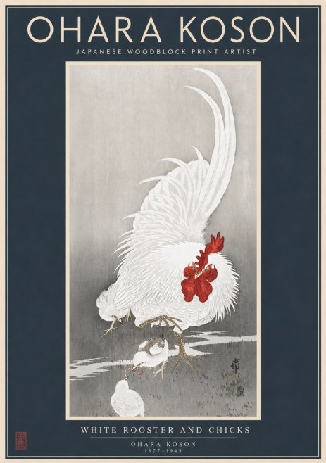 Ohara Koson White Rooster and Chicks No2 - Plakat