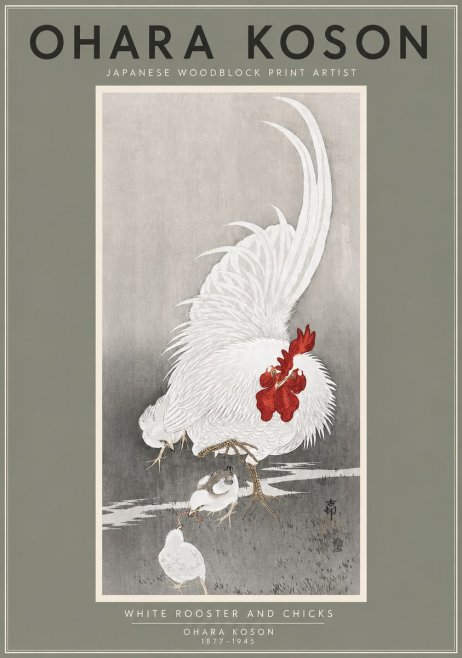 Ohara Koson White Rooster and Chicks No4 - Plakat