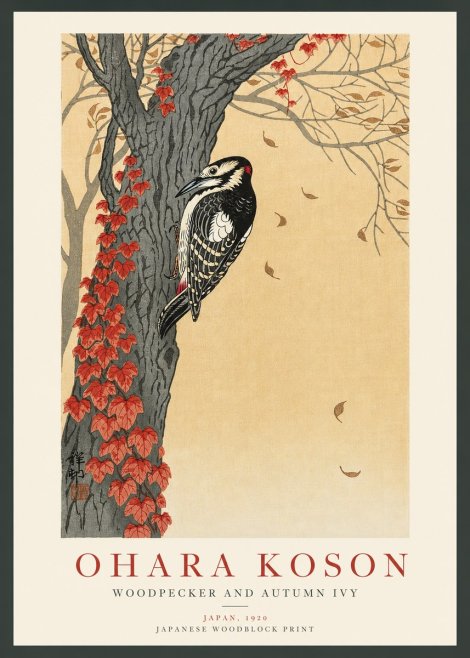 Ohara Koson Woodpecker and Autumn Ivy No3 - Plakat