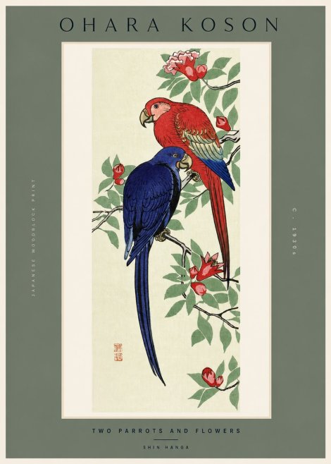 Ohara Koson Two Parrots and Flowers No2 - Plakat