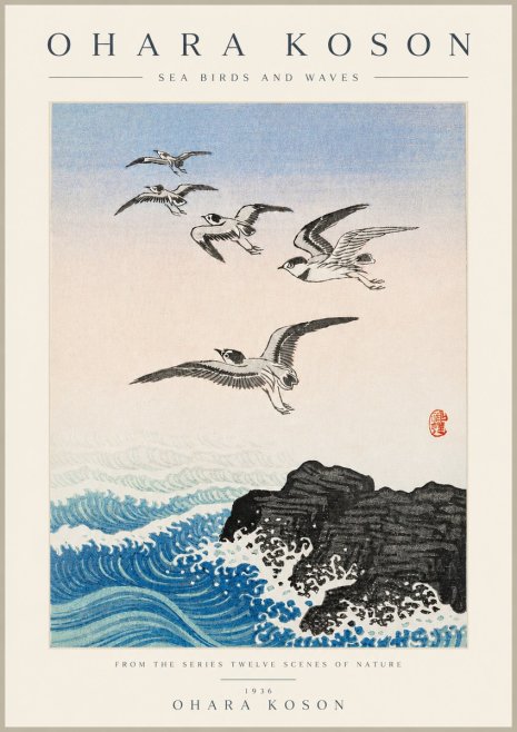 Ohara Koson Sea Birds and Waves No3 - Plakat