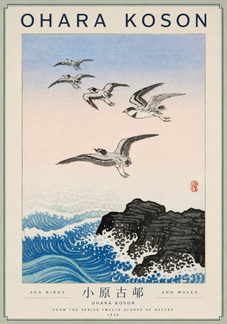 Ohara Koson Sea Birds and Waves No4 - Plakat