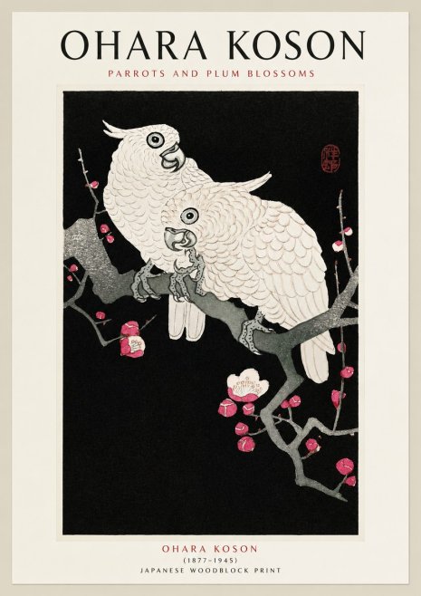 Ohara Koson Parrots and Plum Blossoms No1 - Plakat