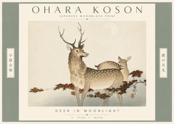 Ohara Koson Deer in Moonlight No4 - Plakat