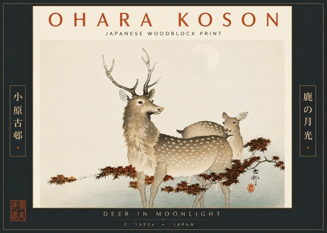 Ohara Koson Deer in Moonlight No6 - Plakat