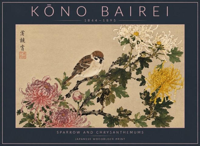 Kōno Bairei Sparrow and Chrysanthemums No4 - Plakat