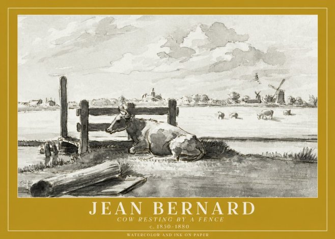 Jean Bernard Cow Resting by a Fence No1 - Plakat