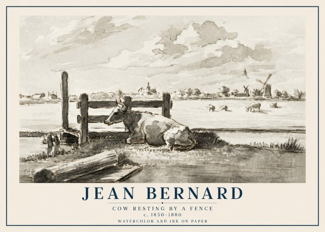 Jean Bernard Cow Resting by a Fence No2 - Plakat