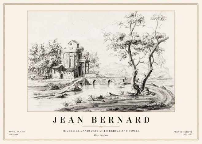 Jean Bernard Riverside Landscape with Bridge and Tower No1 - Plakat