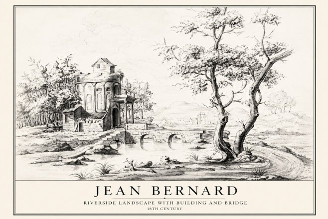 Jean Bernard Riverside Landscape with Bridge and Tower No4 - Plakat