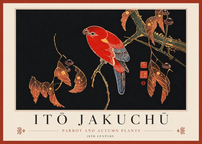 Itō Jakuchū Parrot and Autumn Plants No3 - Plakat