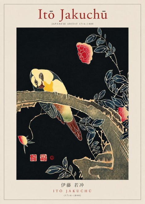 Itō Jakuchū Parrot and Rose No3 - Plakat