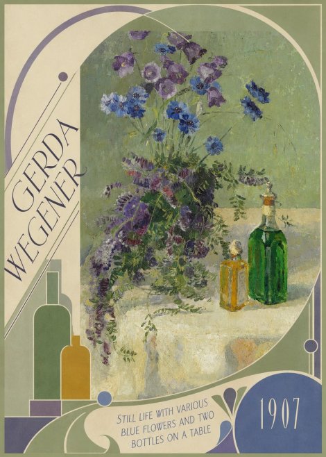 Gerda Wegener Still Life with Various Blue Flowers and Two Bottles on a Table No6 - Plakat