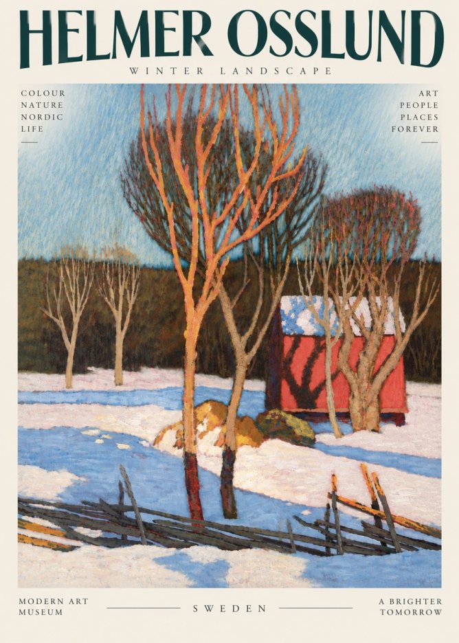 Helmer Osslund Winter Landscape with Red Barn No6 - Plakat