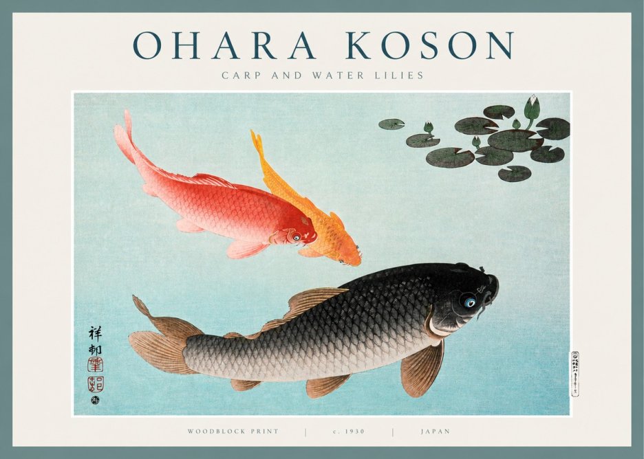 Ohara Koson Carp and Water Lilies No2 - Plakat