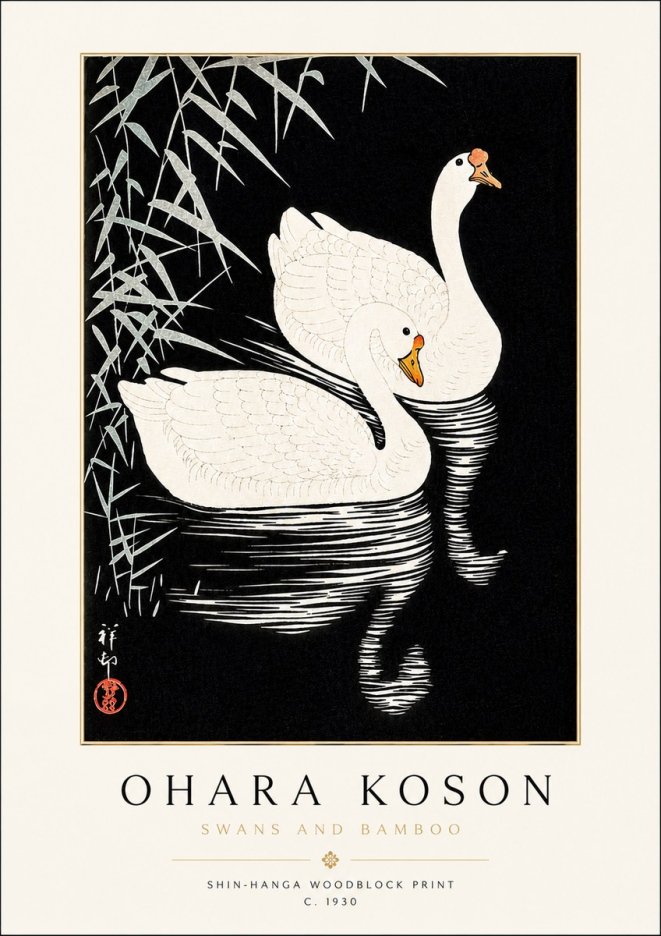 Ohara Koson Swans and Bamboo No3 - Plakat